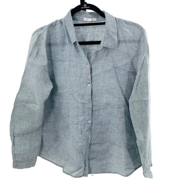 Eileen Fisher Size M Petite Organic Linen Button Down Shirt‎ Light Blue Coastal - Picture 1 of 7